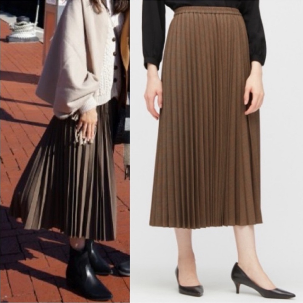 Uniqlo Pleated Midi Skirt Tan Brown Lightweight Accordion Stretch A Line Medium